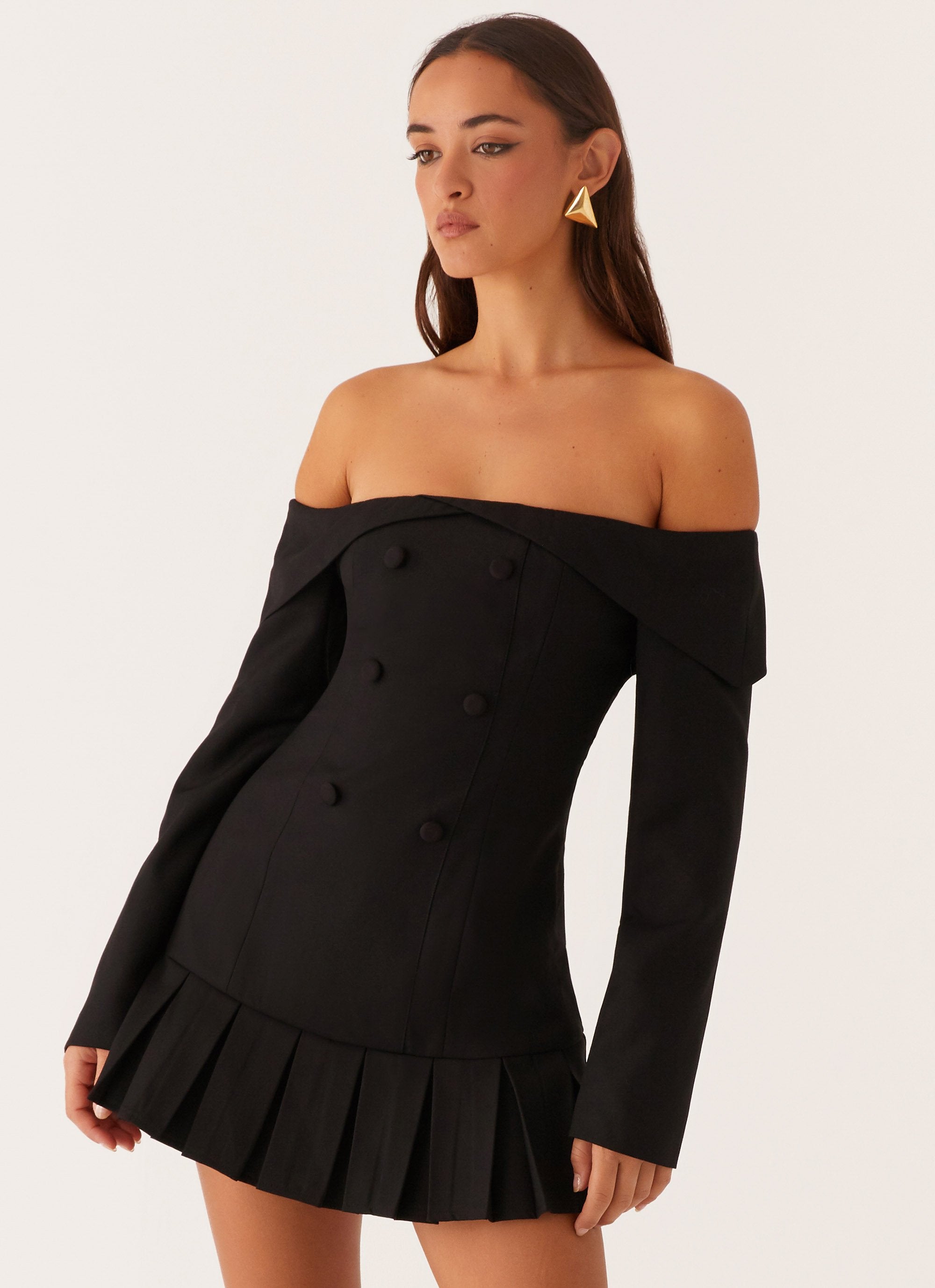 Tarlisha Off Shoulder Long Sleeve Mini Dress - Black