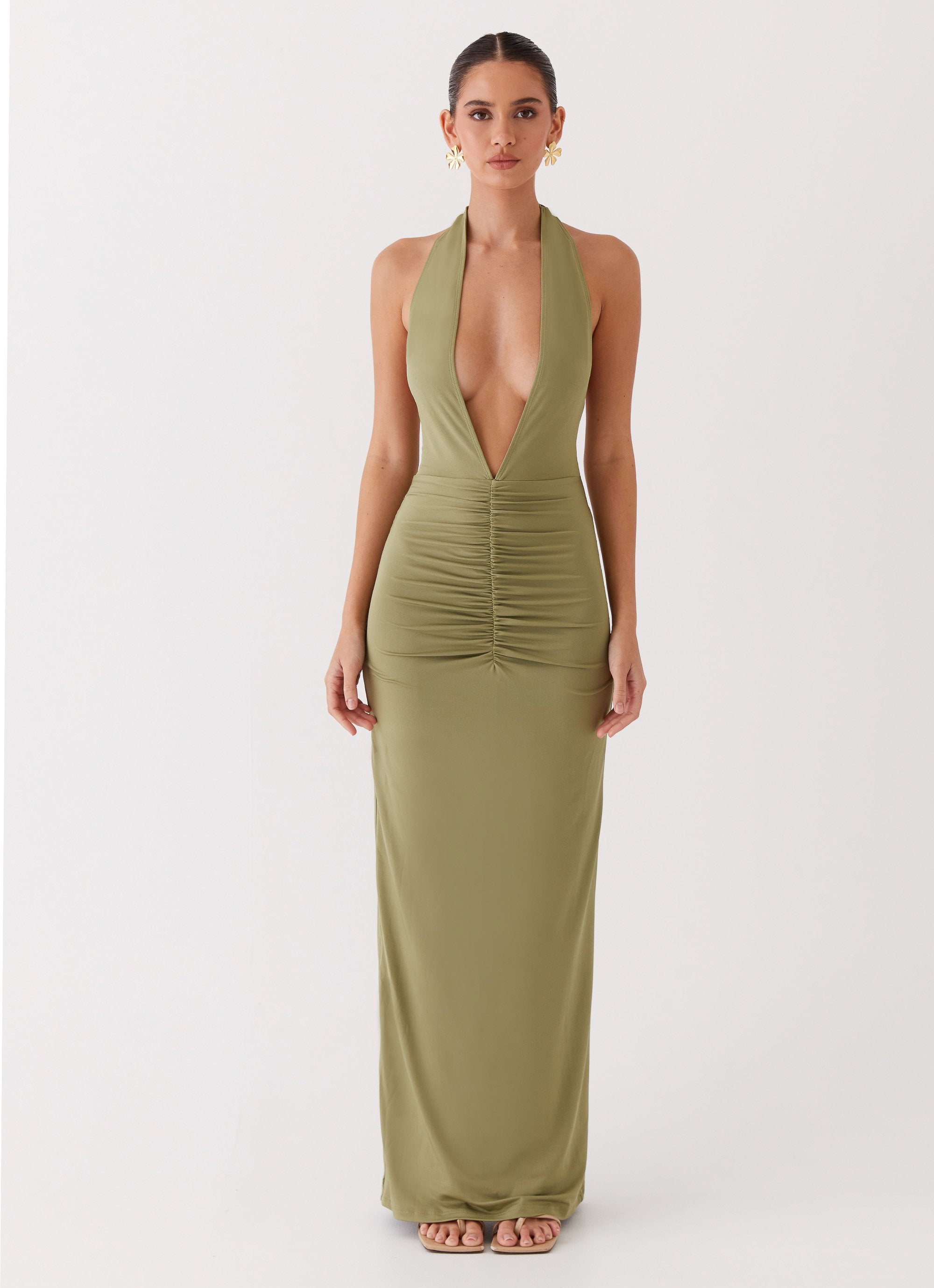 Whisked Away Halterneck Maxi Dress - Olive