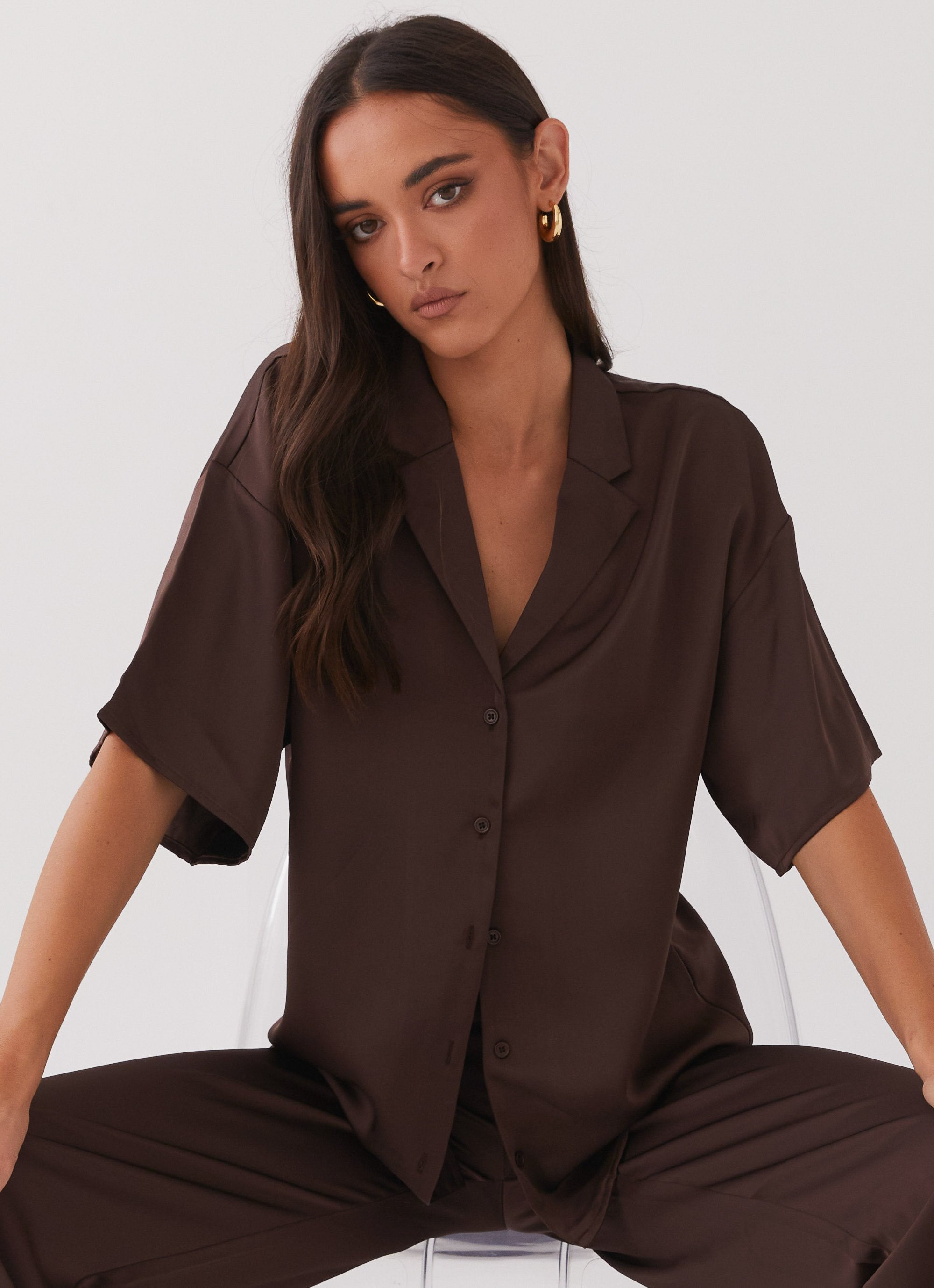 Palm Cove Satin Shirt - Chocolate