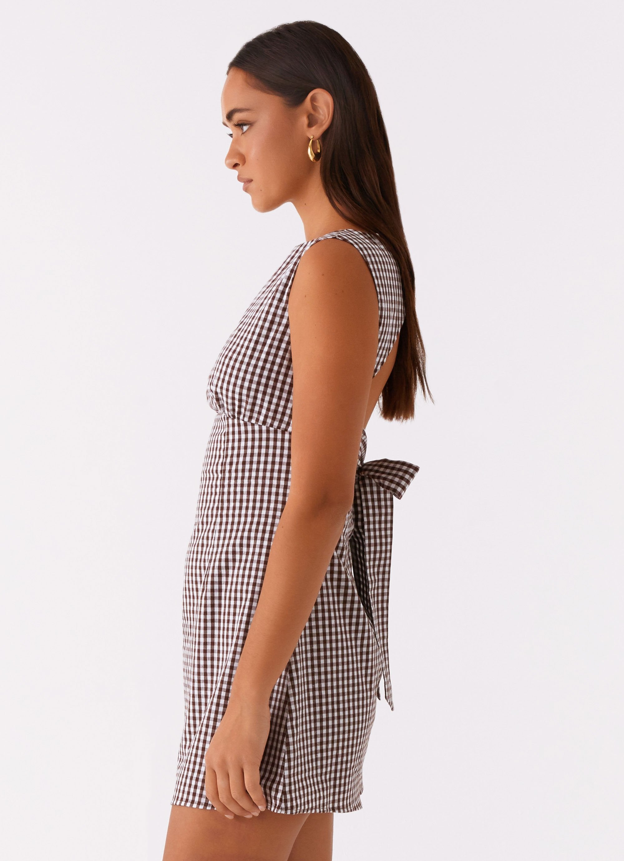 Lotus Tie Back Mini Dress - Chocolate Gingham