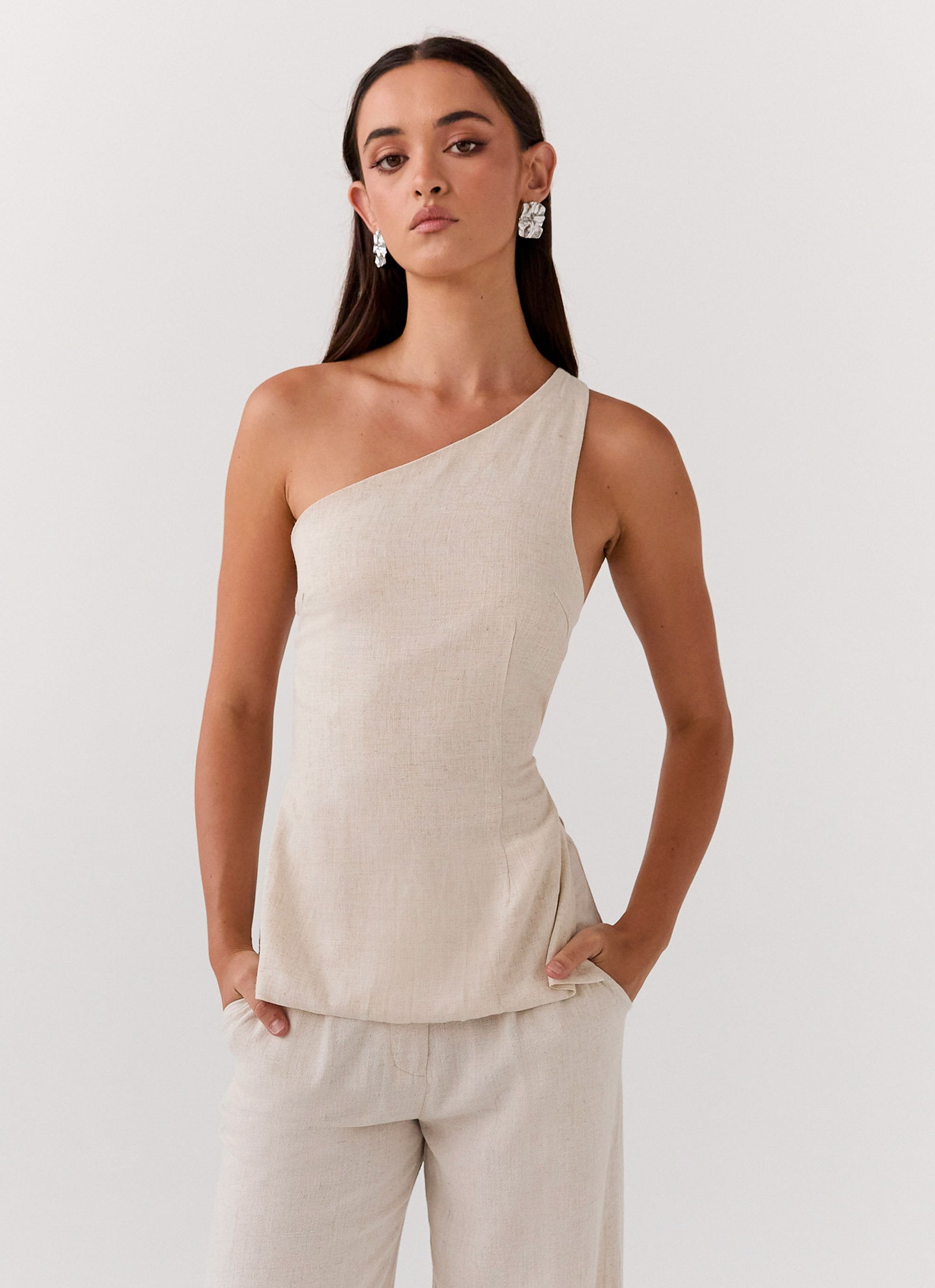 Olsen Linen One Shoulder Top - Oatmeal