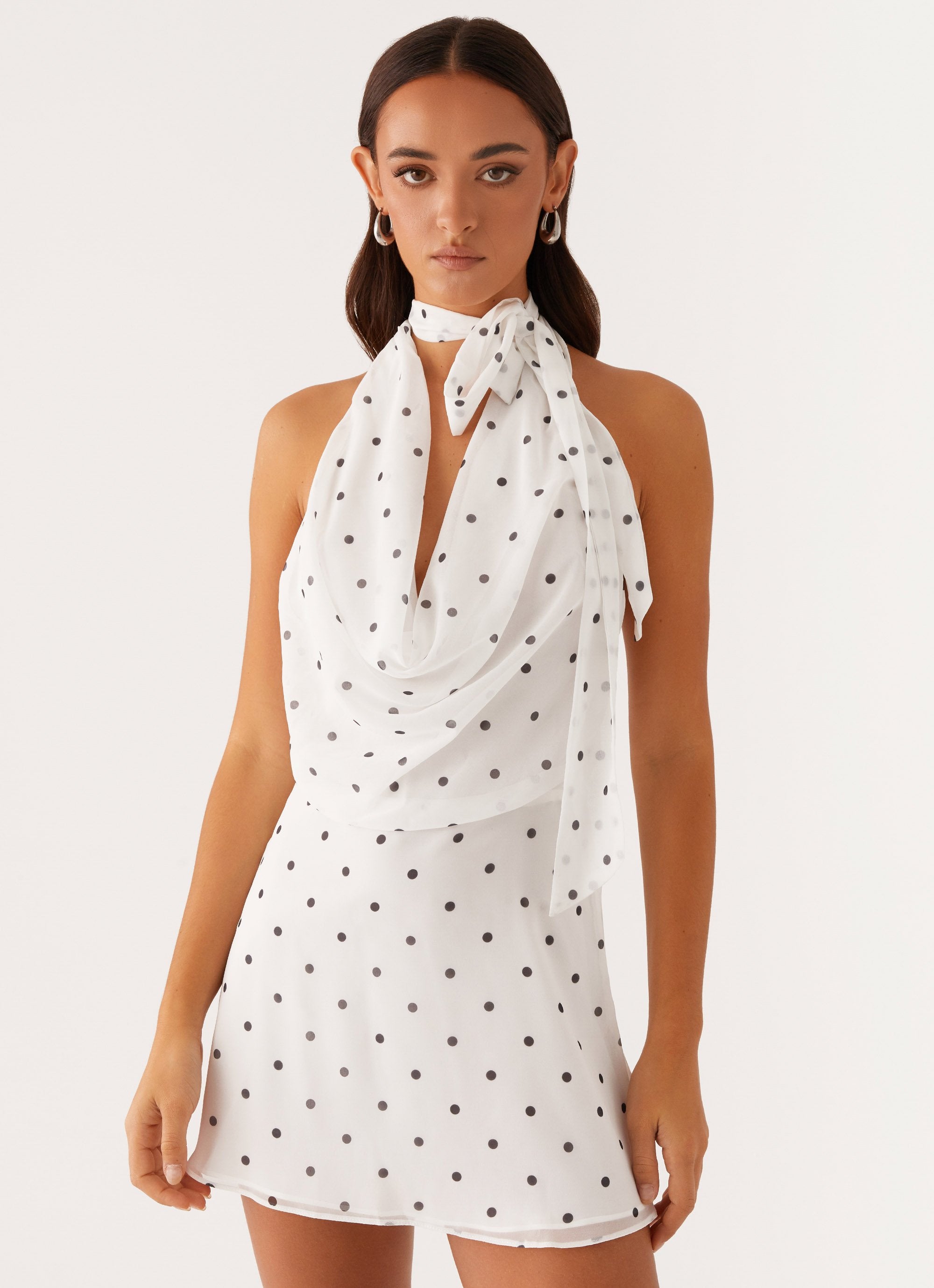 Avalia Backless Scarf Mini Dress - White Polka Dot