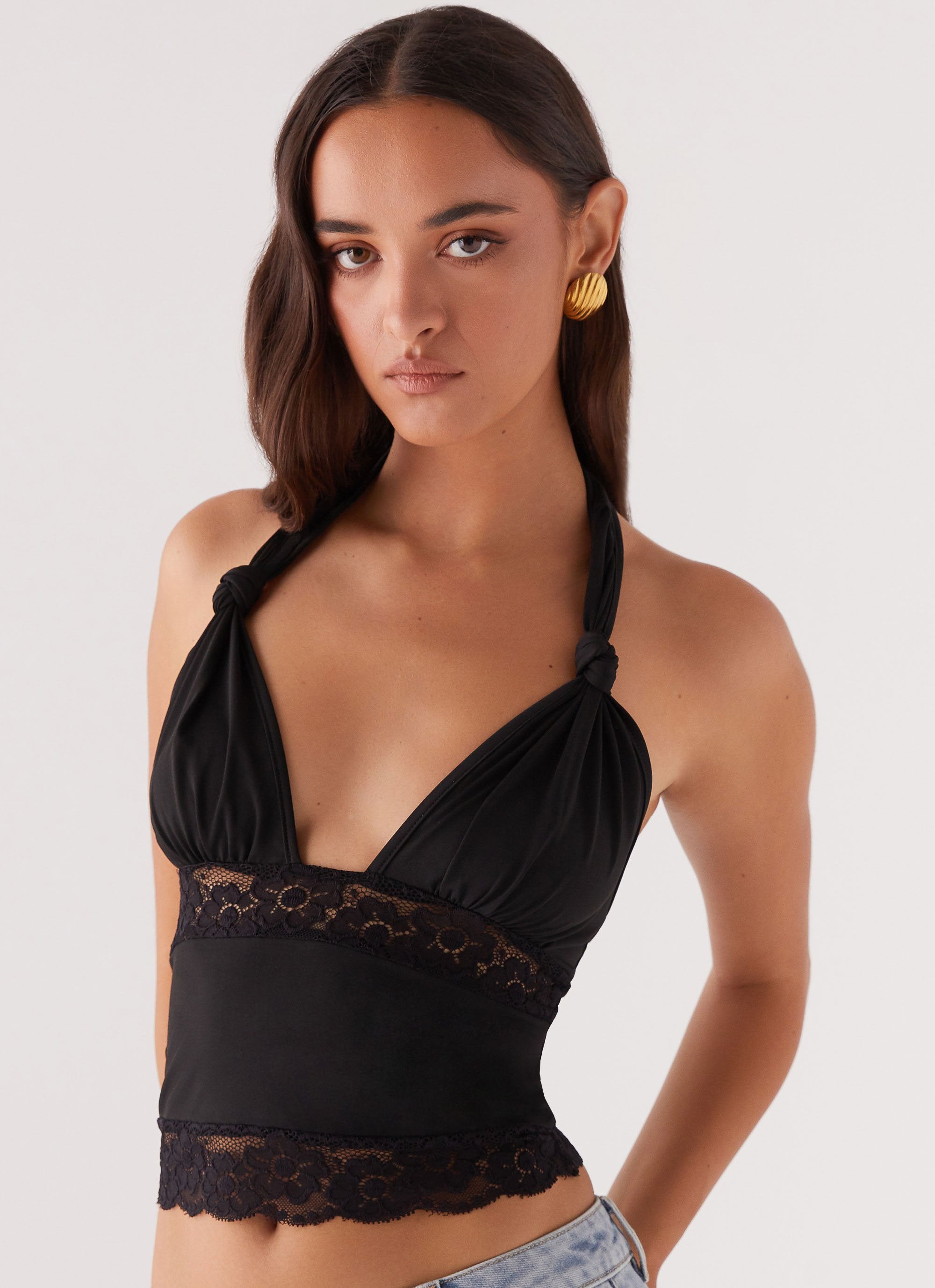 Ocean Plunge Lace Trim Top - Black