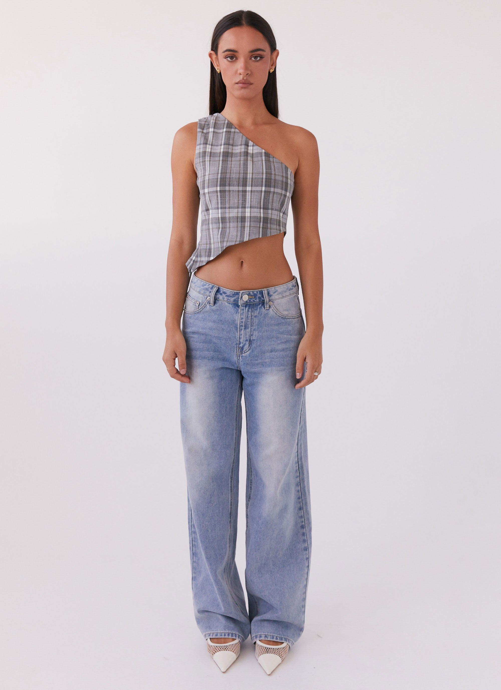 Got Me Started One Shoulder Top - Grey Plaid