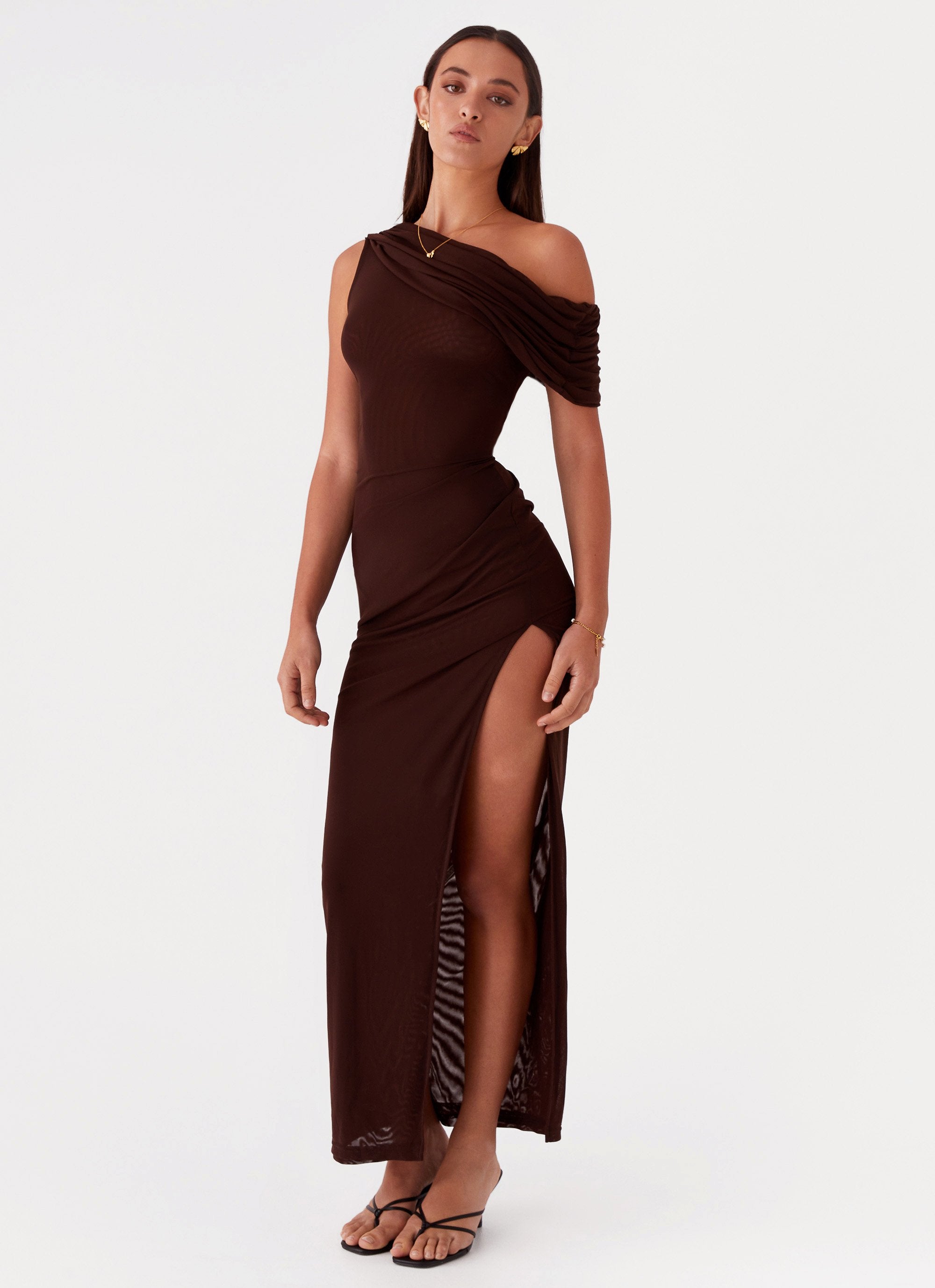 Ciara One Shoulder Draped Maxi Dress - Chocolate