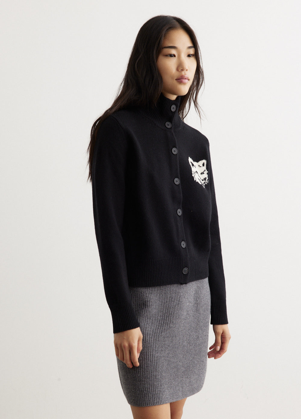 Fox Head Intarsia High Neck Cardigan