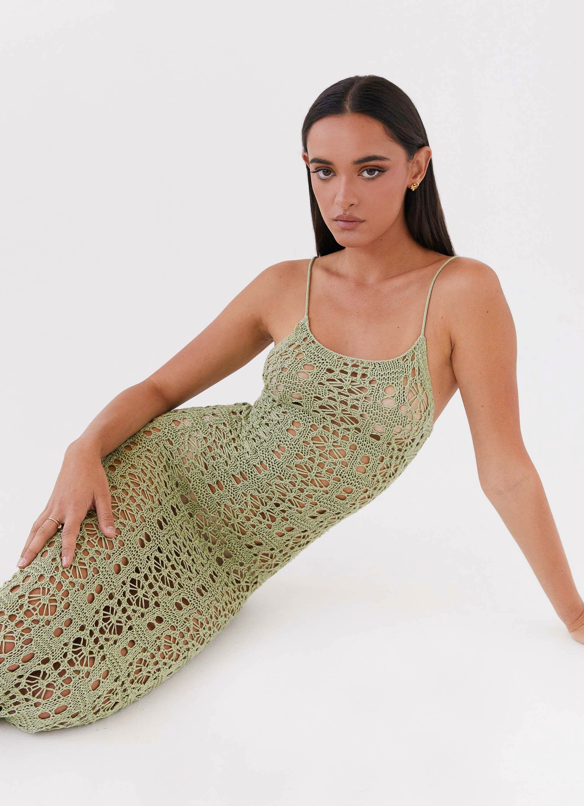 Luxora Crochet Maxi Cami Dress - Light Olive