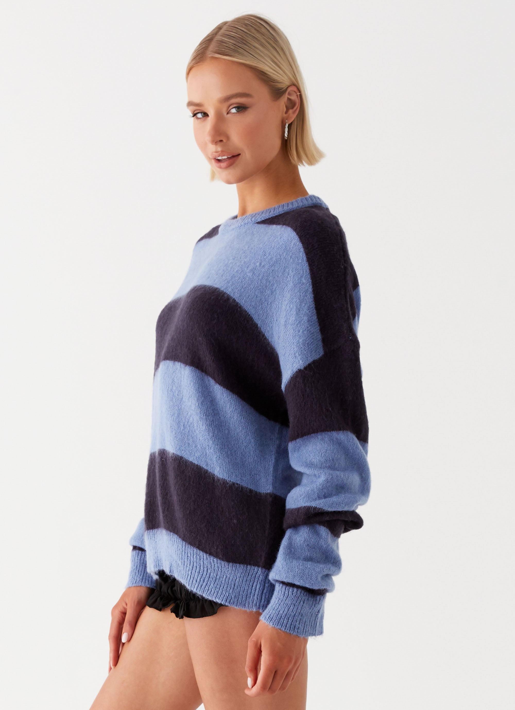 Nikita Fuzzy Knit Sweater - Blue Black Stripe