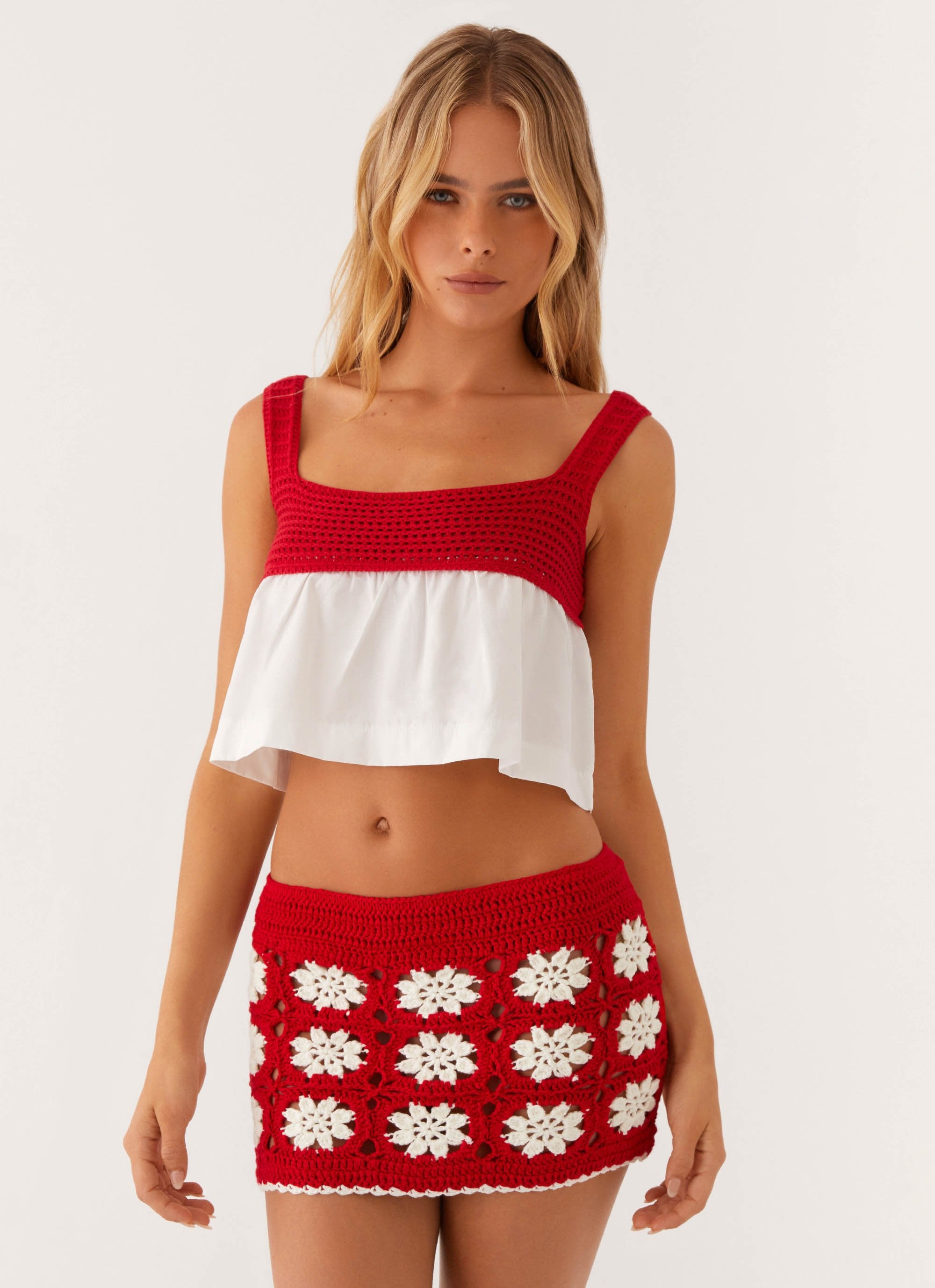 Adore You Crochet Babydoll Top - Red