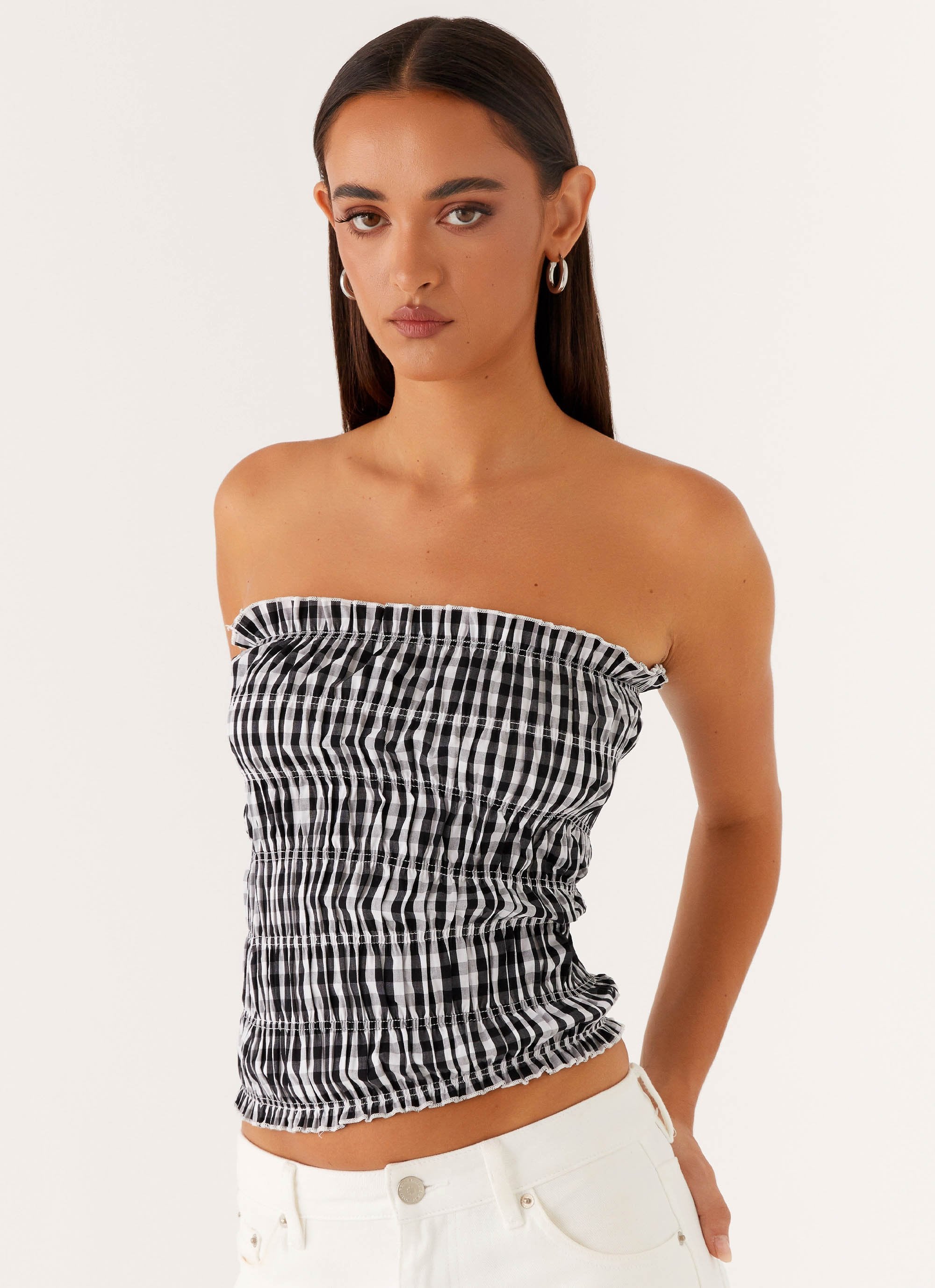 Orion Strapless Ruched Top - Black/White Gingham