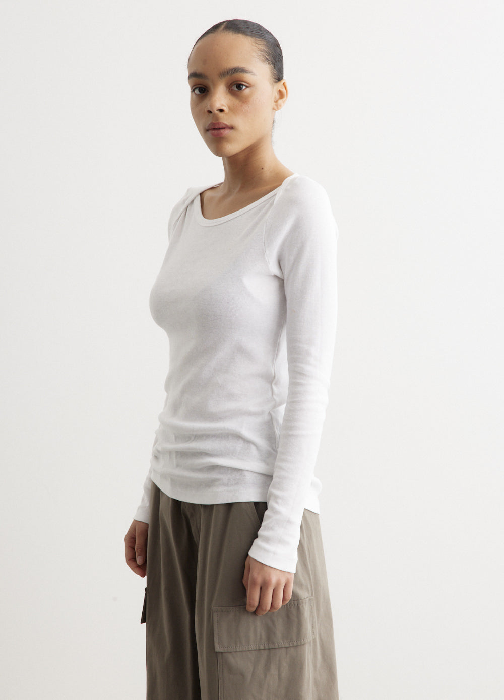 Envelope Neck Rib Long Sleeve Top