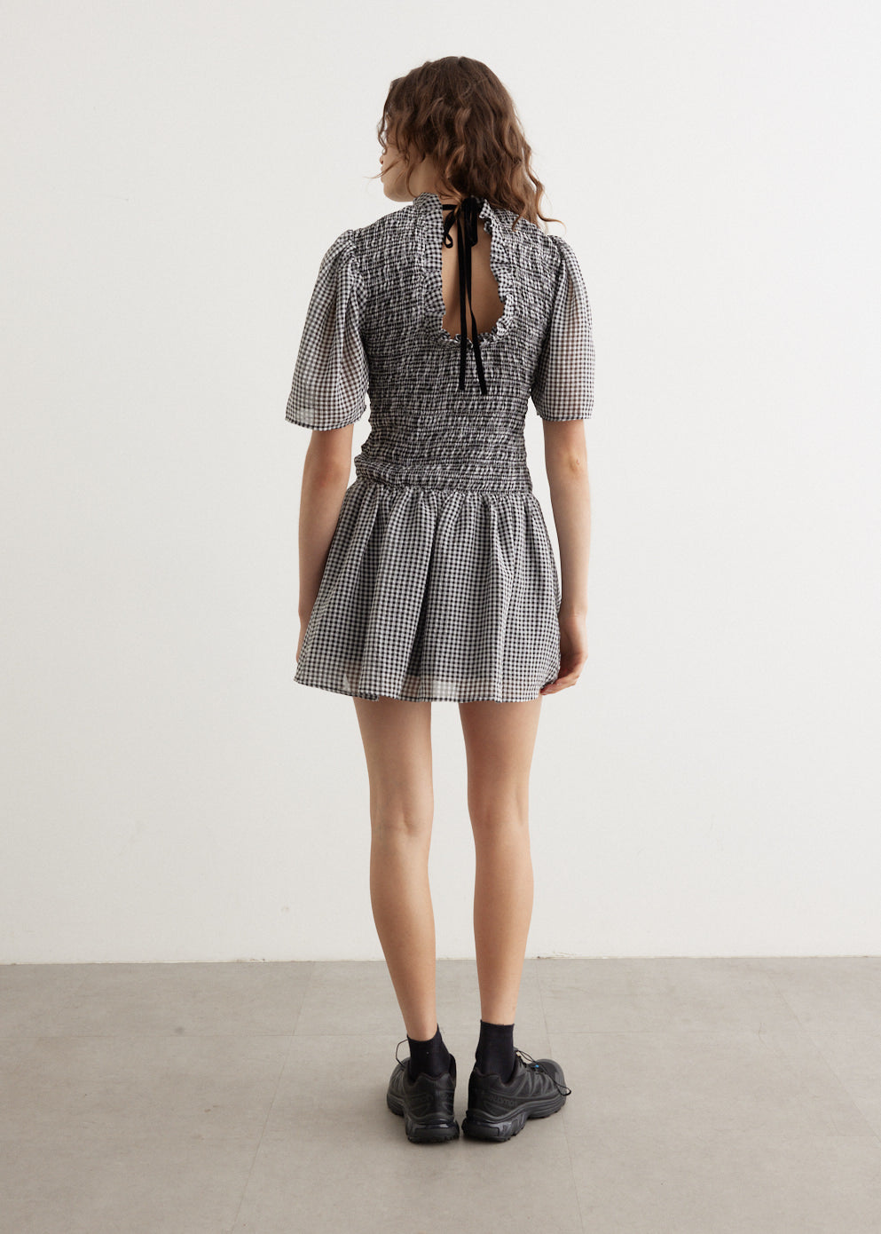 Sheer Fluid Check Mini Smock Dress