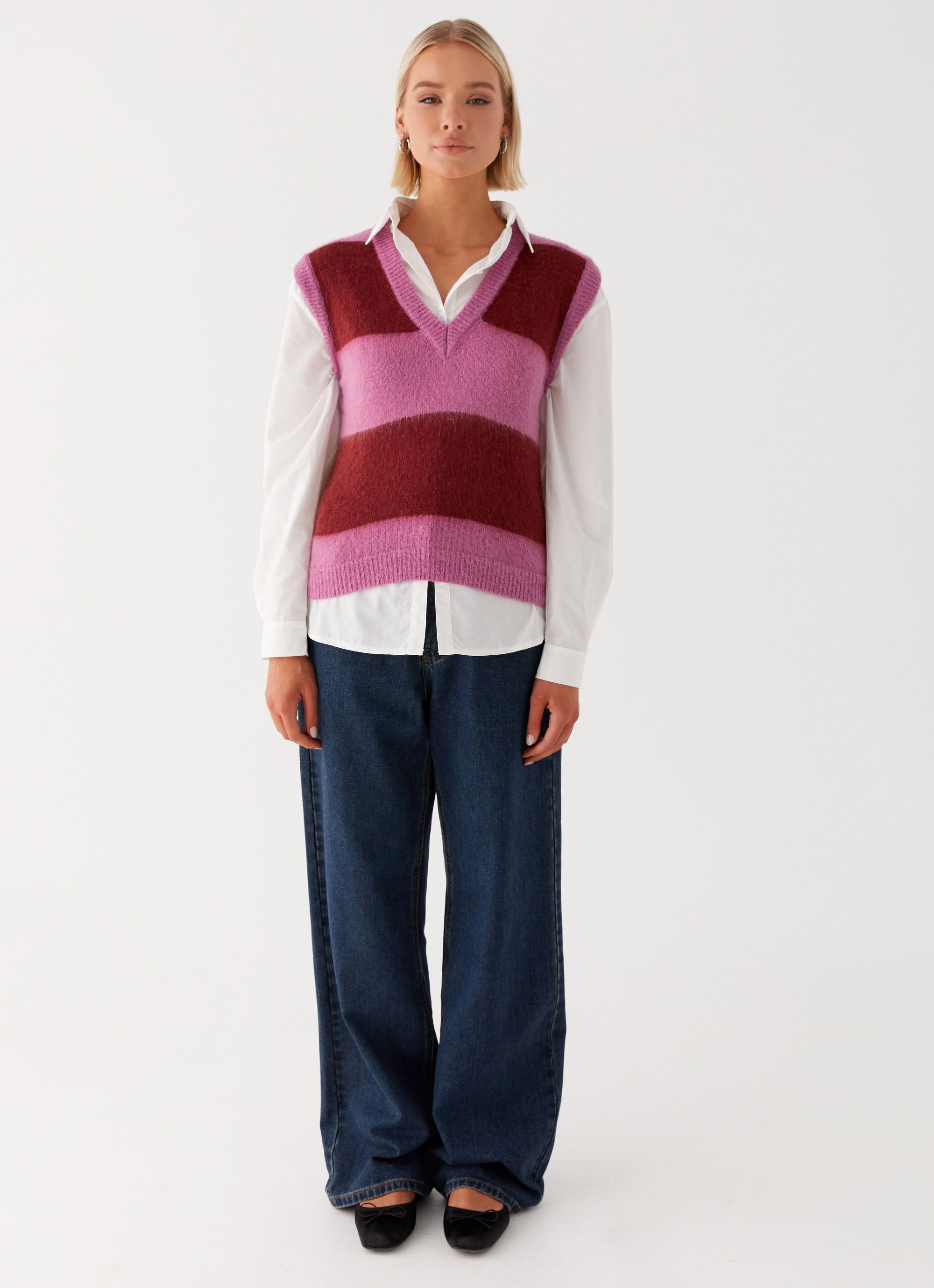 Savannah Fuzzy Knit Vest - Red Pink Stripe