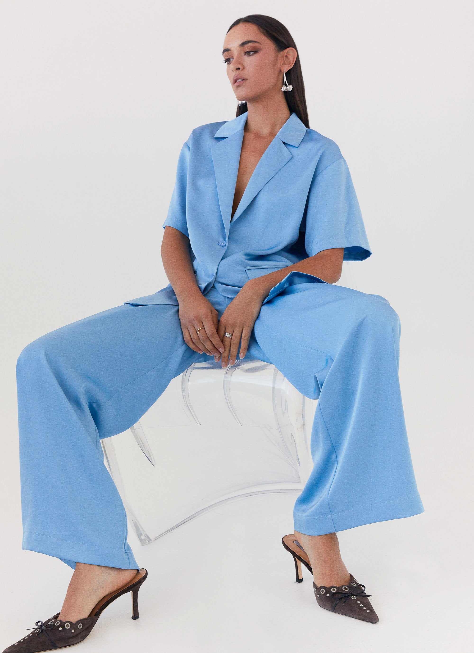 Brinkley Oversized Satin Shirt - Sky Blue