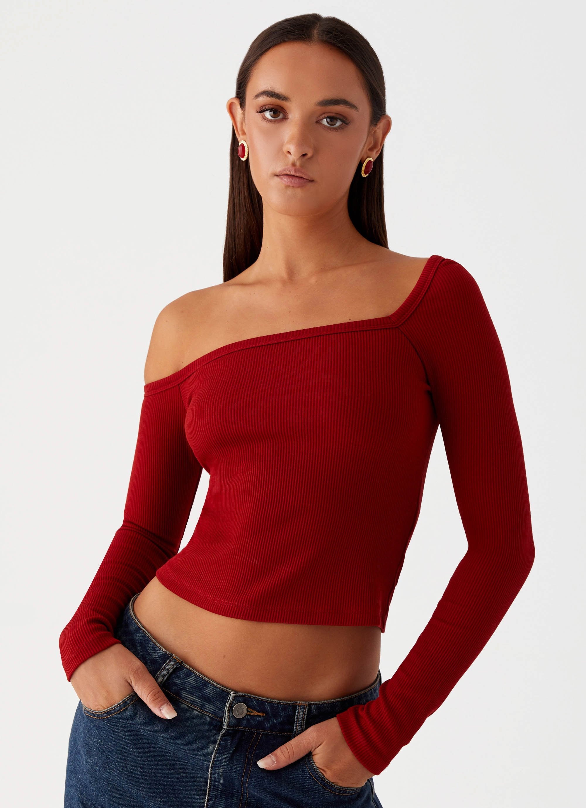 Talia Asymmetric Long Sleeve Top - Red